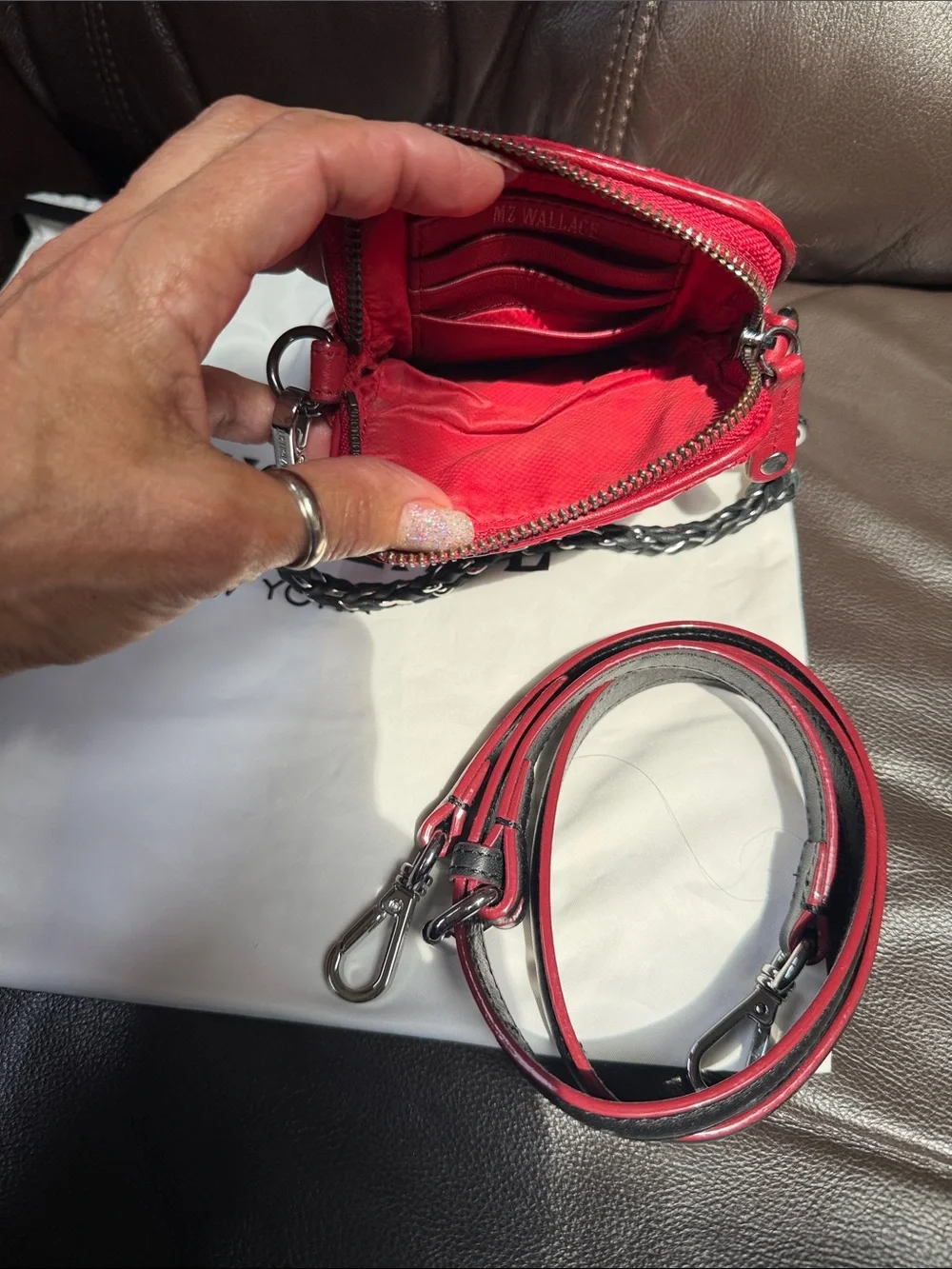 MZ Wallace Red Quilted Patent Crossbody with Chain Detail